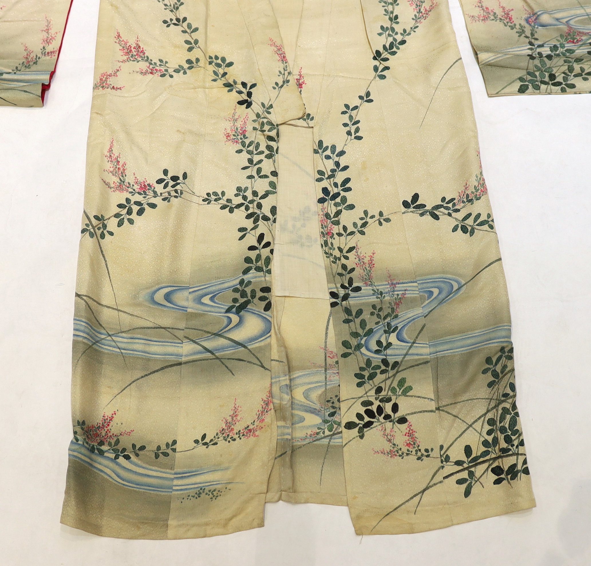 A1920’s Japanese silk ladies kimono, hand painted with blossom, rivers and the moon